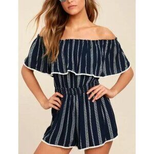 Lulus See Ya There Romper Size Small Off The Shoulder Women's Navy Blue White